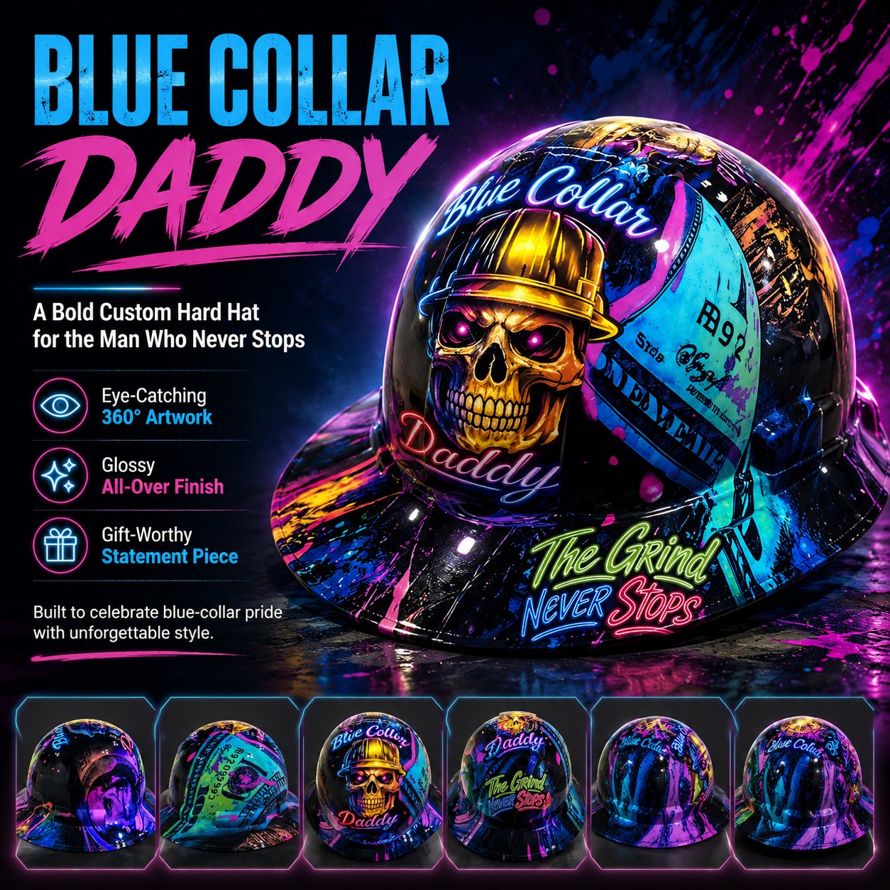 👷‍♂️Blue Collar Daddy Hydro-Dipped Hard Hat | Industrial Rigid Impact-Resistant Safety Helmet with Full-Wrap Gloss Artwork