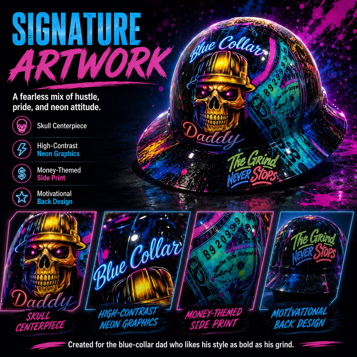 👷‍♂️Blue Collar Daddy Hydro-Dipped Hard Hat | Industrial Rigid Impact-Resistant Safety Helmet with Full-Wrap Gloss Artwork