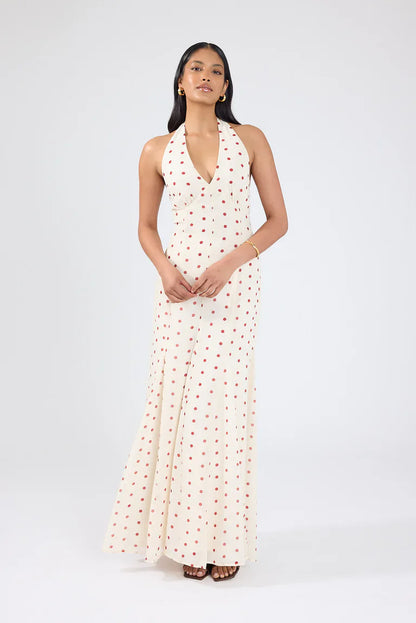 Ivana Halter Chiffon Maxi Dress Cream/Red Polka Dot