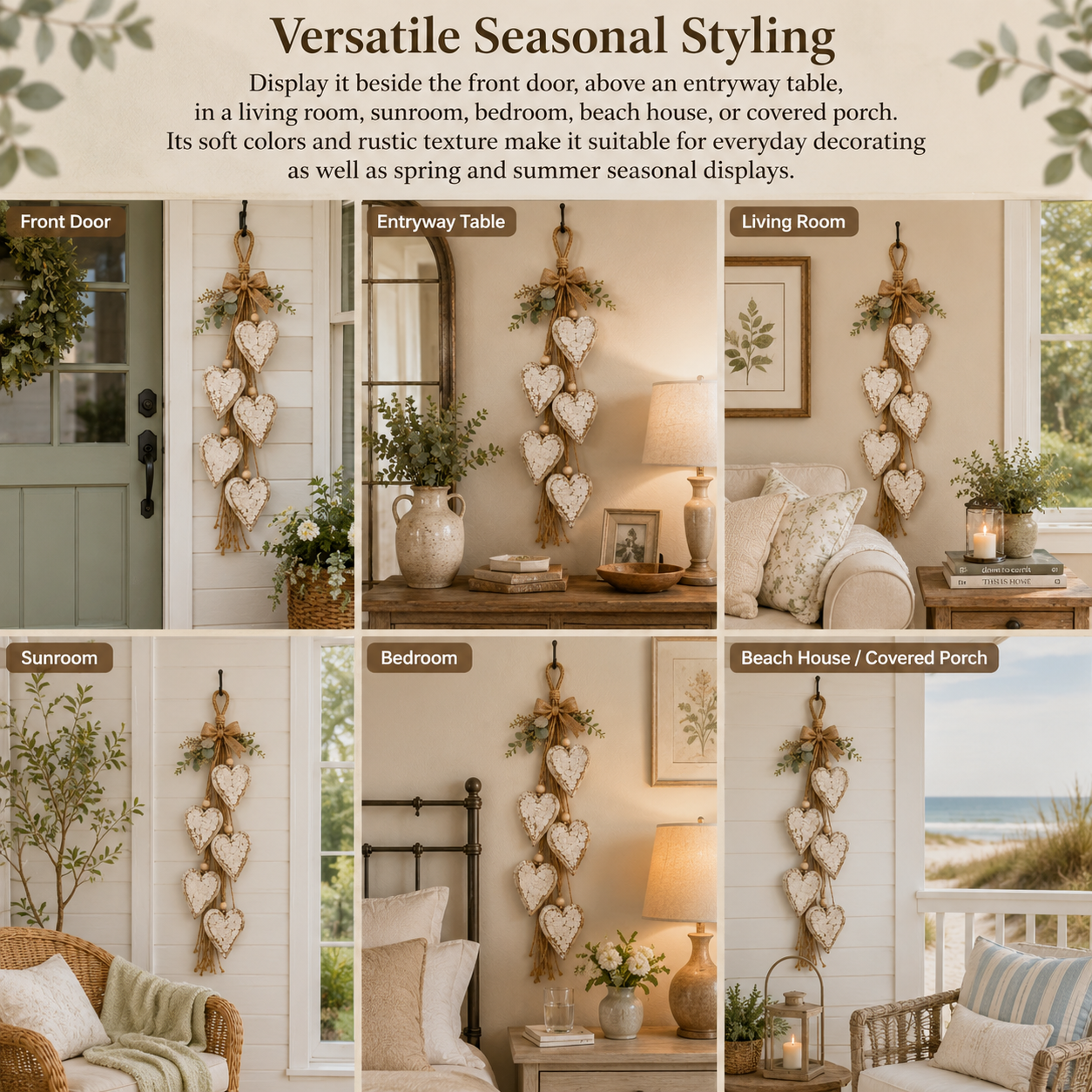Five-Heart Hanging Wall Decor – Rustic Farmhouse & Coastal Styles & Pumpkin-themed