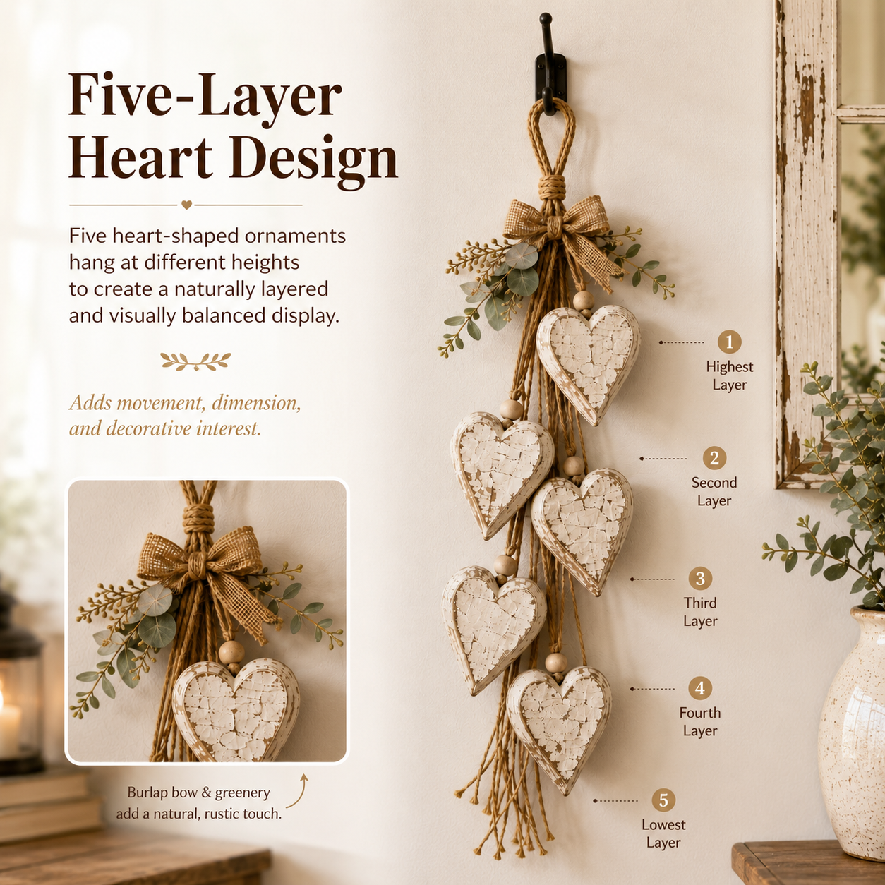 Five-Heart Hanging Wall Decor – Rustic Farmhouse & Coastal Styles & Pumpkin-themed