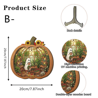 👻 Enchanting Halloween Ghost Pumpkin Decor | Cozy Wooden Tabletop Ornament with Charming Scenes