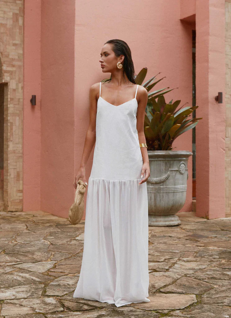 White Sheer Chiffon V Slip Maxi Dress