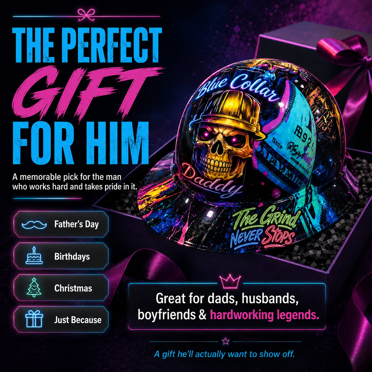 👷‍♂️Blue Collar Daddy Hydro-Dipped Hard Hat | Industrial Rigid Impact-Resistant Safety Helmet with Full-Wrap Gloss Artwork