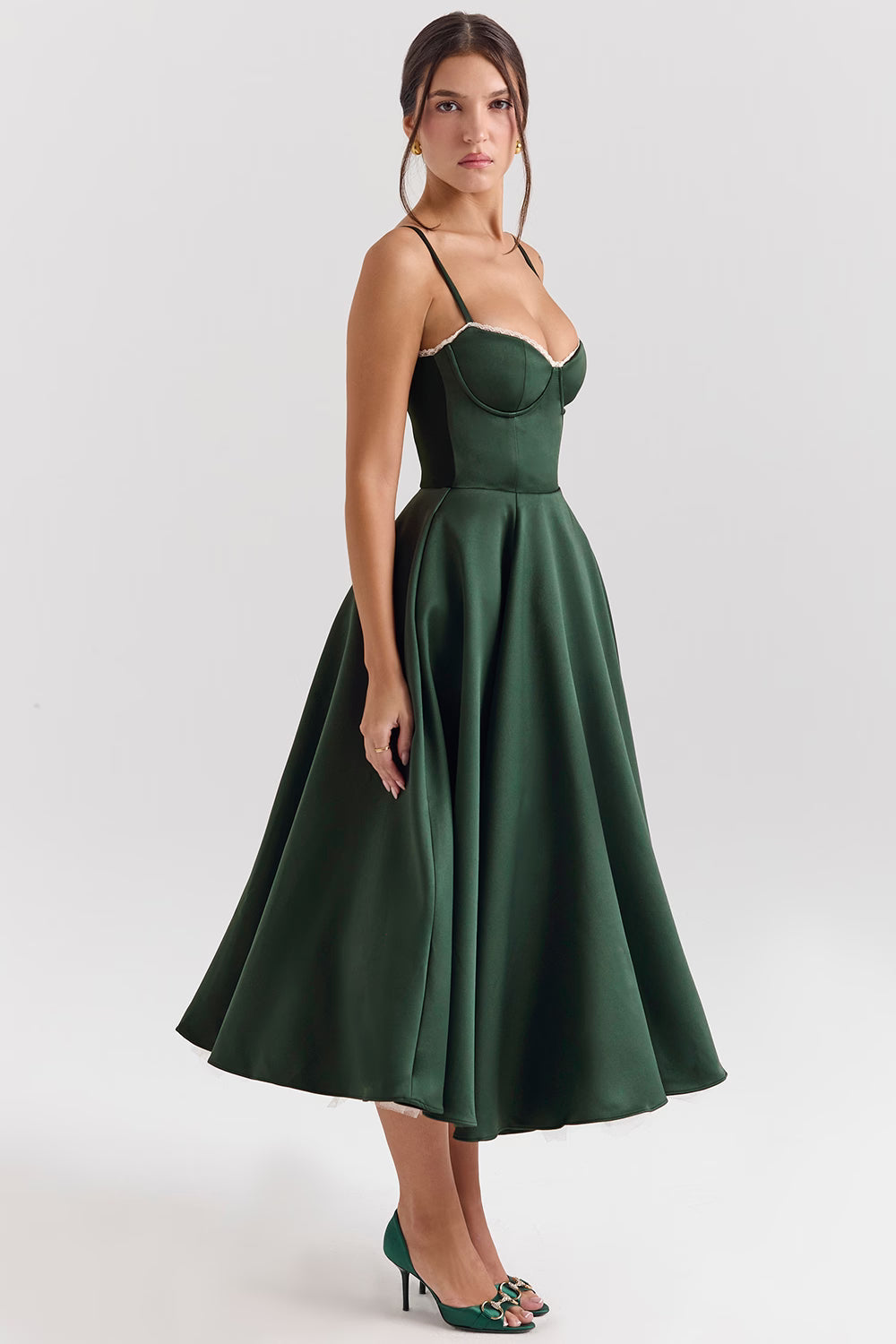 Green Satin Corset Midi Dress