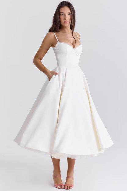 White Satin Corset Midi Dress